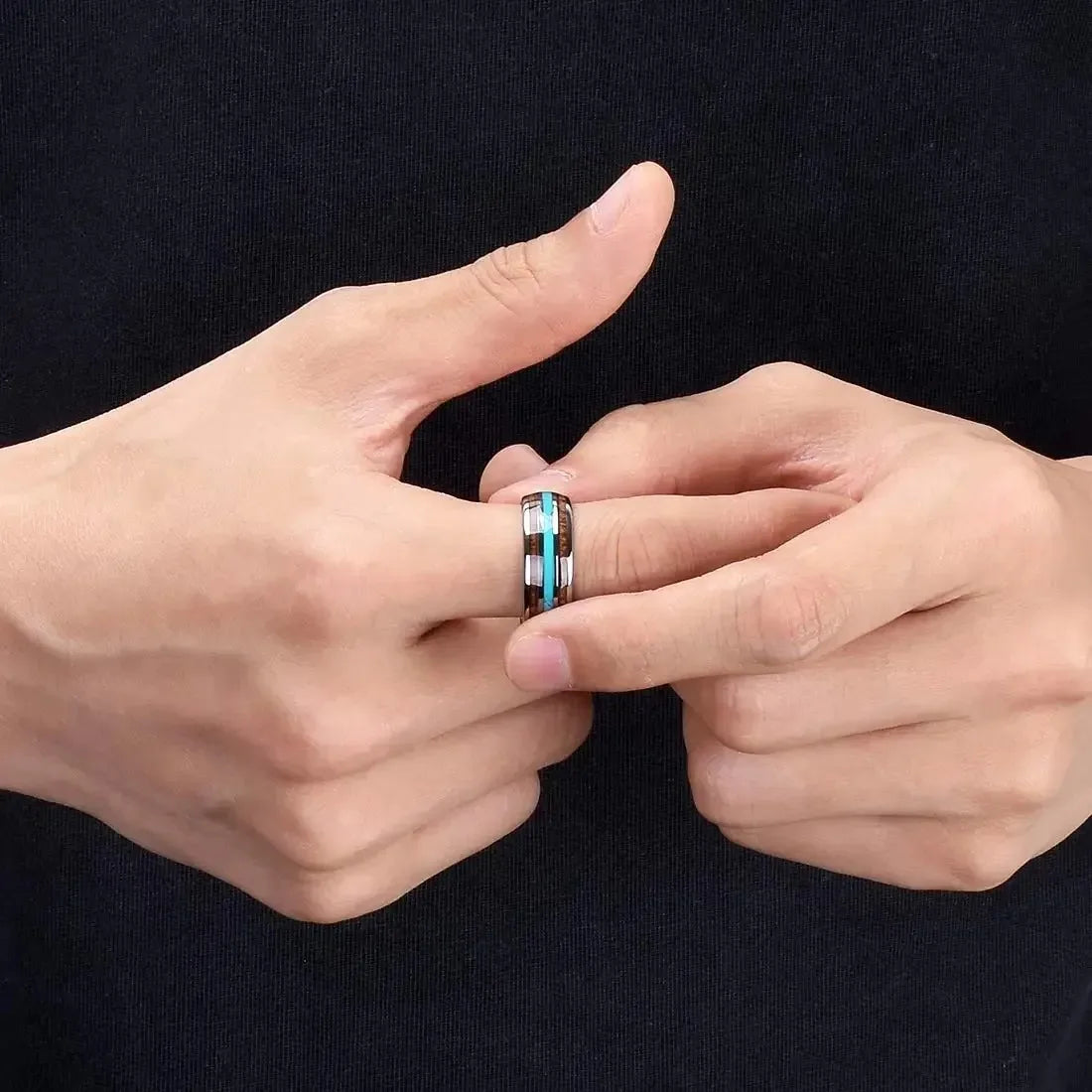 Fashion 8mm Men Stainless Steel Koa Wood Rings Inlay Blue Turquoise Stone Rings For Men Wedding Engagement Band Jewelry Gift