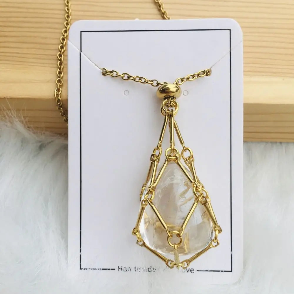 Crystal Holder Cage Necklace with Crystal Stone Interchangeable Adjustable Crystal Net Metal Necklace for Women Gold White Crystal