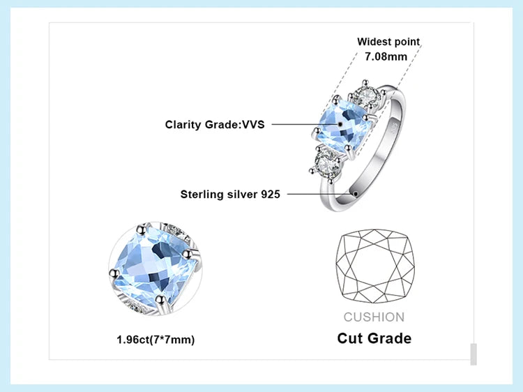 JewelryPalace 1.9ct Square Natural Sky Blue Topaz 925 Sterling Silver 3 Stone Ring for Women Gemstone Jewelry Wedding Gifts