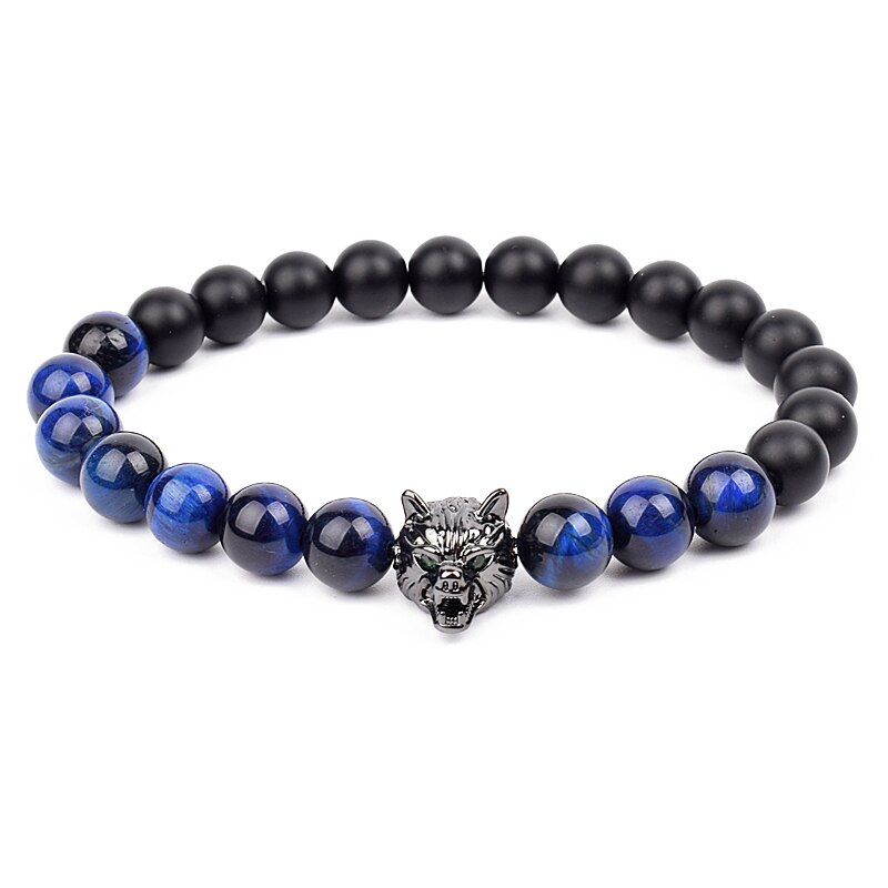 Wolf Charm Bracelets Men Natural Black Agates Onyx Stone Bracelet Brave Blue Tiger Eye Elastic 8 mm Beads Jewelry Beaded Pulsera Lazuli tiger eye 1