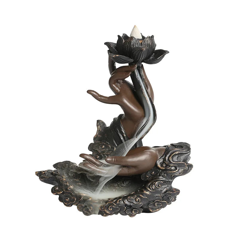 Backflow Incense Burner, Handmade Resin Lotus Buddha Hand Waterfall Incense Burner for Home Relaxation Lucky Feng Shui Decor