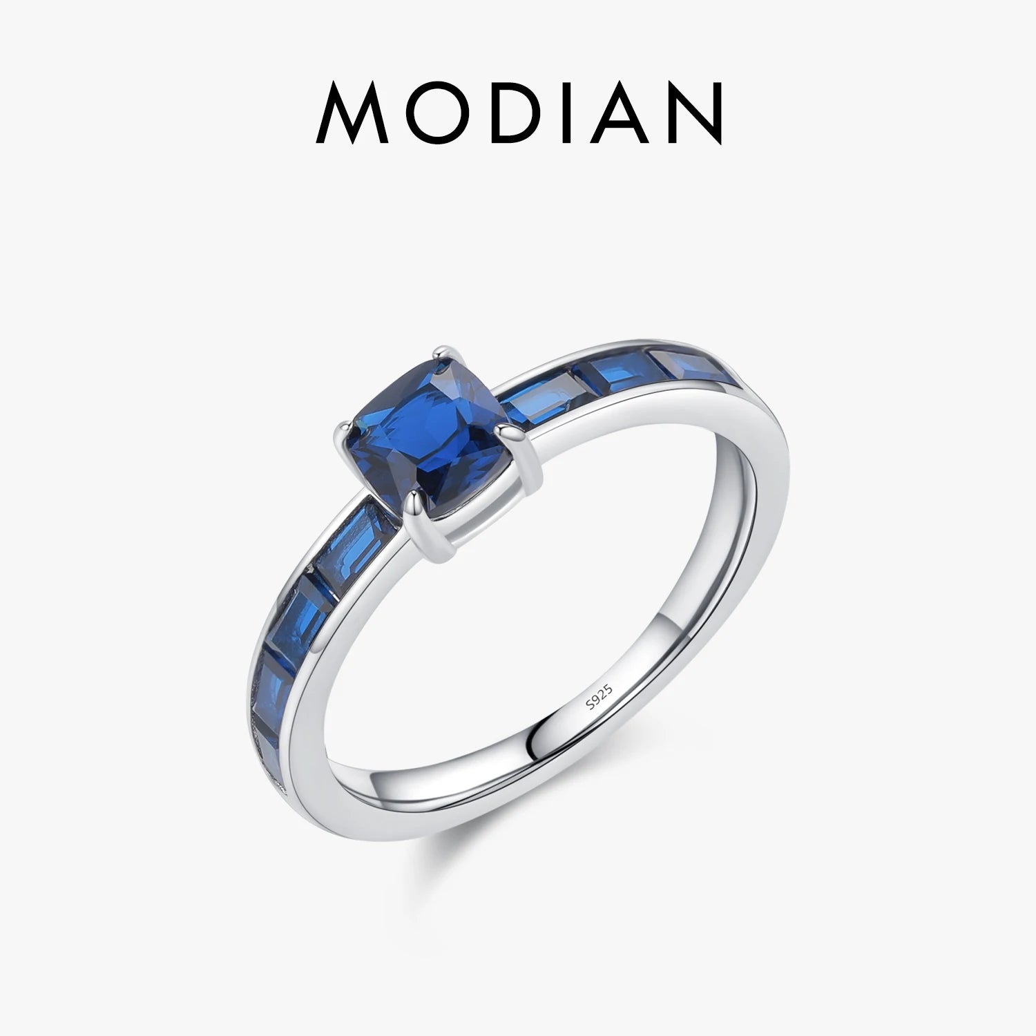 MODIAN 925 Sterling Silver Luxury Square Blue Cubic Zirconia Ring Classic Romantic Rings for Women Wedding Gift Fine Jewelry 9