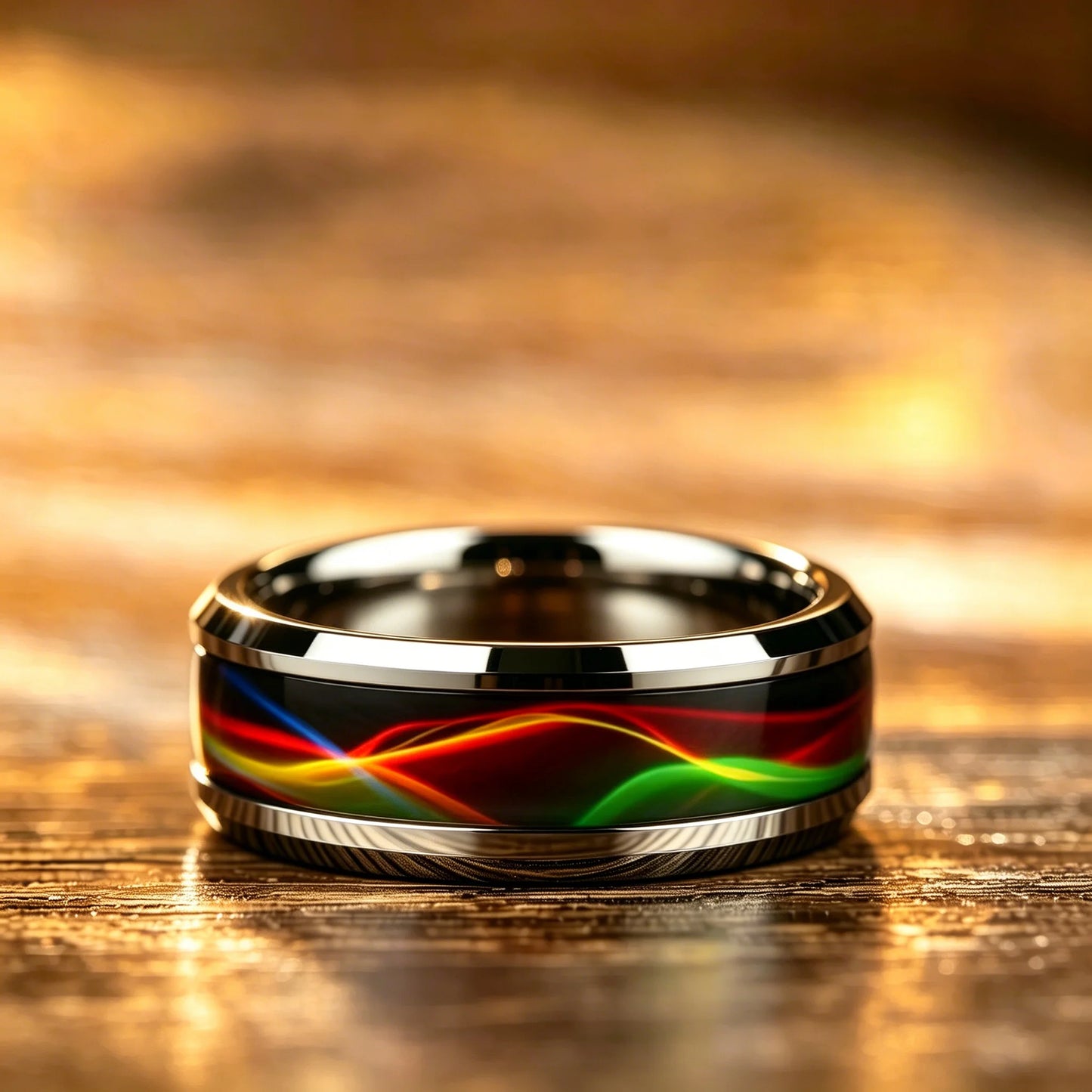 Fashion Men Stainless Steel Rings, 8mm Cyberpunk Rainbow Aurora Grain Inlay Rings for Men High Polished Wedding Bands Jewelry