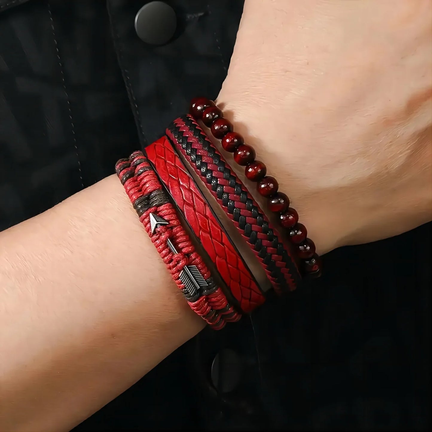 Red Beads Vintage Feather Casual 4 Pc/set Handmade Men Bracelets Male Women Leather Bracelets Men Bangle Wholesale Jewelry Gift