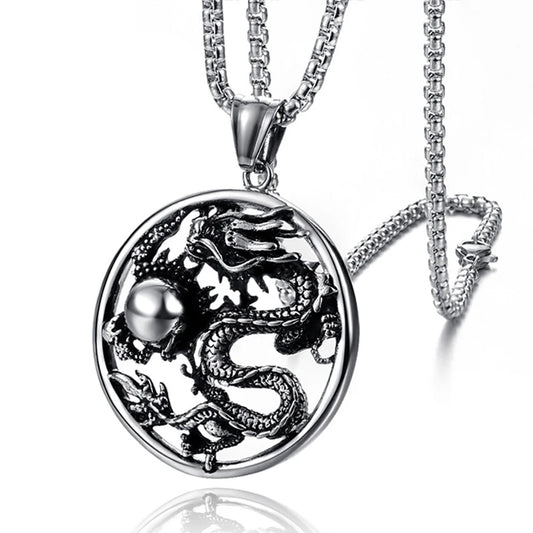Punk Chinese Dragon Pendant With Chain Male Silver Color Stainless Steel Animal Round Necklace for Men Fashion Jewelry Gift 2025