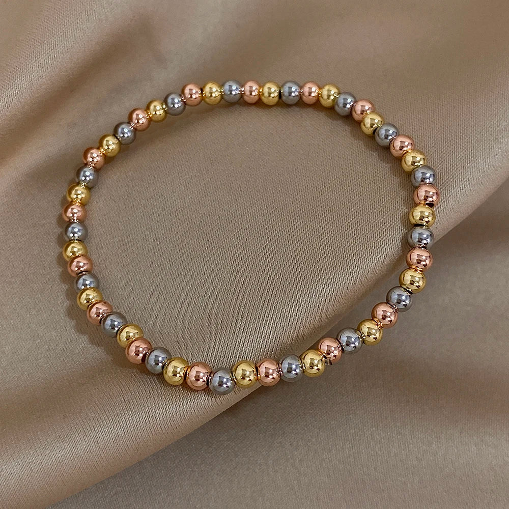 Greatera 3/4mm Stainless Steel Beads Elastic Bracelets for Women Gold Plated Tricolor Beaded Chain Bracelet Waterproof Jewelry