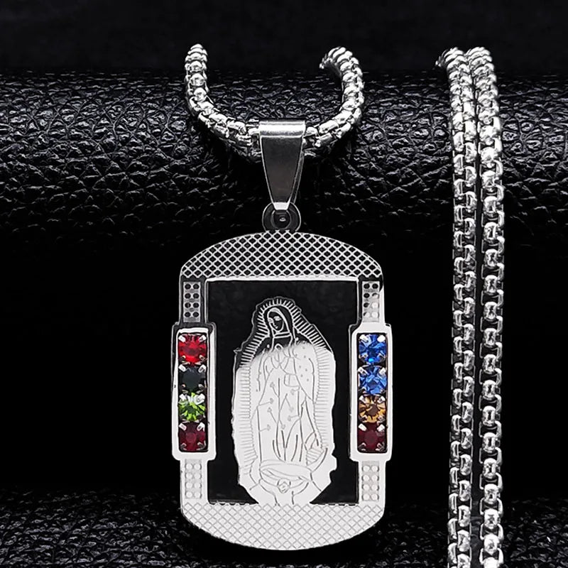 Catholic Jesus Cross Stainless Steel Necklace Saint Benedict Crystal Virgin Mary Pendant Crucifix Male Necklaces Jewelry Cruz