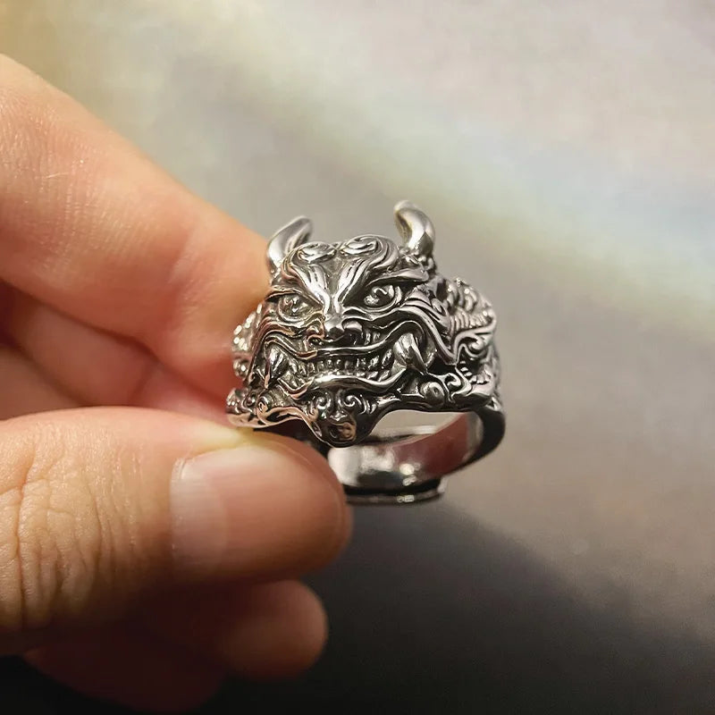 Retro Mahakala Mask Ring For Men Silver Color Punk Gothic Rock Hiphop Adjustable Open Ring Handmade Jewelry Biker Accessories