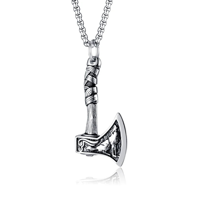 Retro Viking Wolf and Odin Crow Axe Pendant Boutique Stainless Steel Nordic Necklace for Birthday Gift Popular Jewelry