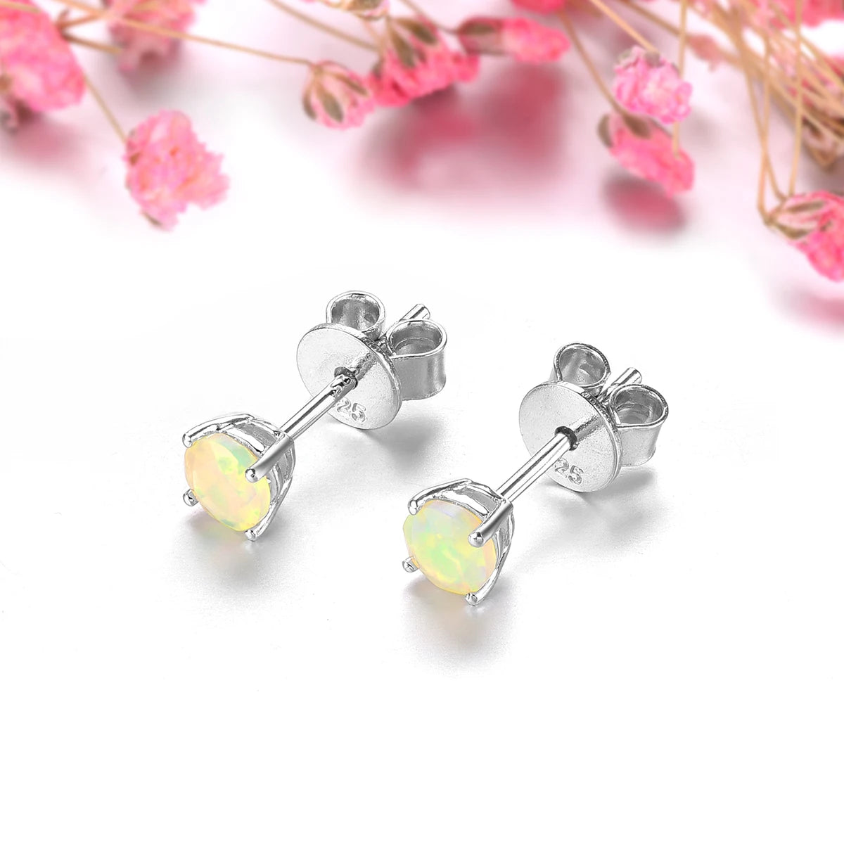 Natural Multicolor Opal Stering Silver Stud Earring Faced Round 4mm Women S925 Fine Jewelry Birthday Party New Year Gifts