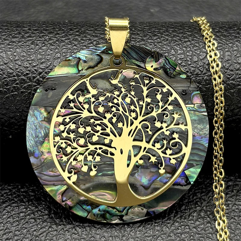 Tree of Life Stainless Steel Abalone Shell Natural Necklace Chain Gold Color Necklaces Mother Pearl Shell Boho Jewelry Collar NX