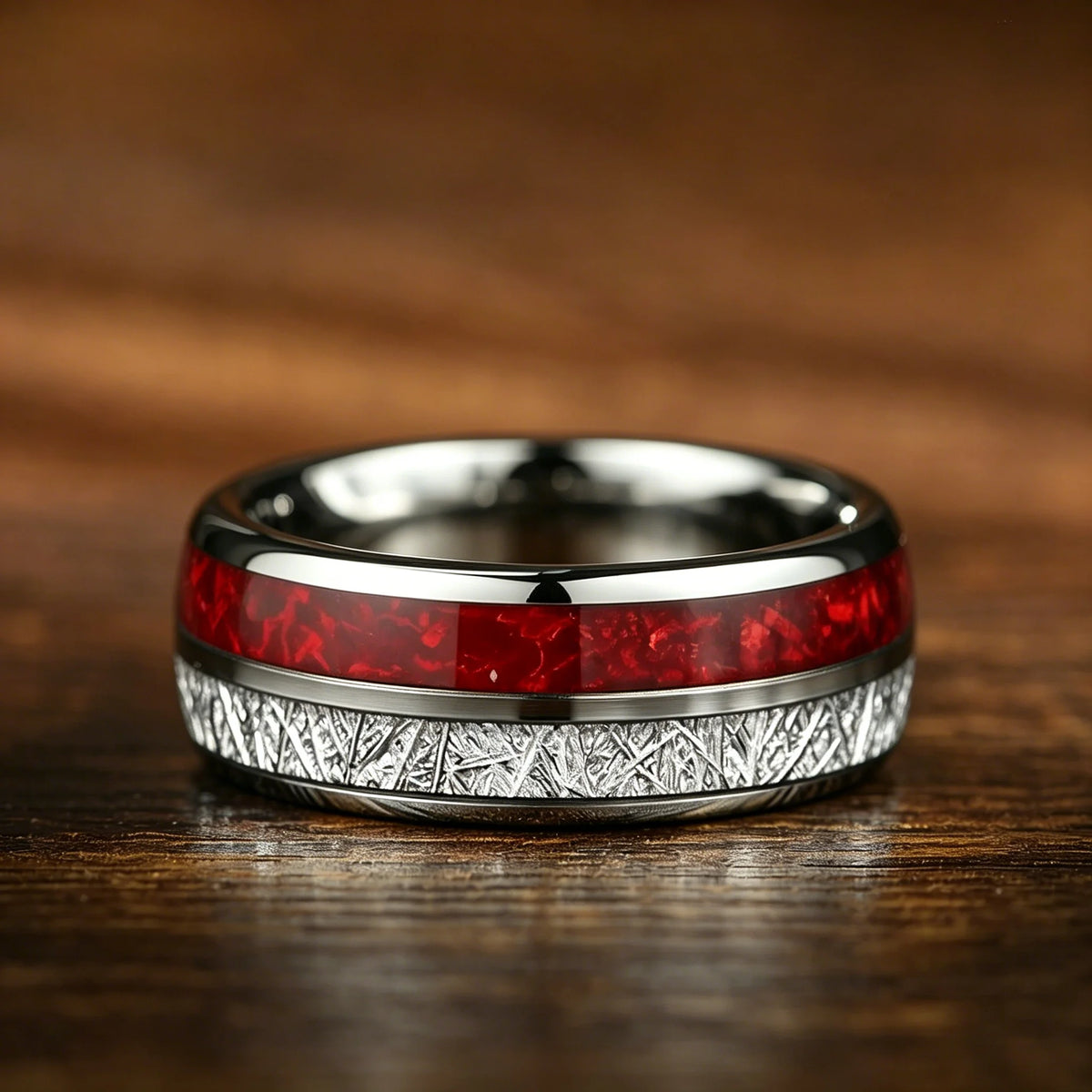 Luxury Red Opal & Meteorite Inlay Rings for Men Women, Fashion 8mm Silver Color Men Stainless Steel Rings, Wedding Band Jewelry