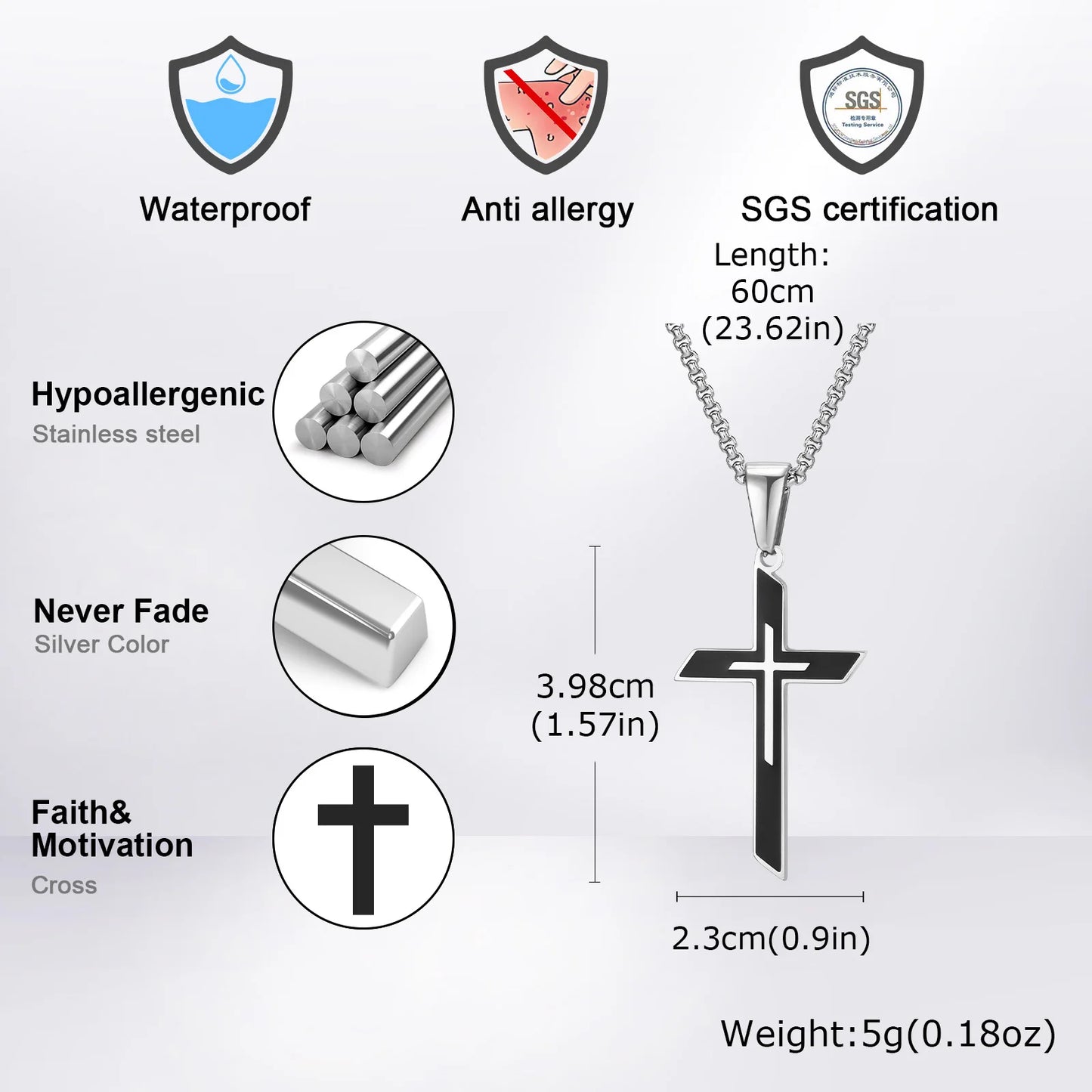 Vnox Simple Cross Pendant Necklace for Men Boys, Trendy Stainless Steel Box Chain Necklaces, Religious Talisman Anniversary Gift