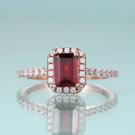 GEM'S BALLET Emerald Cut Red Garnet Engagement Ring Halo Solitaire Wedding Ring Simulated Diamond Art Deco Bridal Ring Set