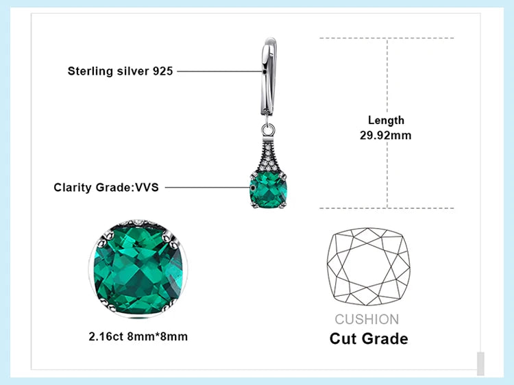 JewelryPalace Vintage 2.1ct Cushion Simulated Nano Emerald 925 Sterling Silver Hoop Earrings for Woman Gemstone Fashion Jewelry