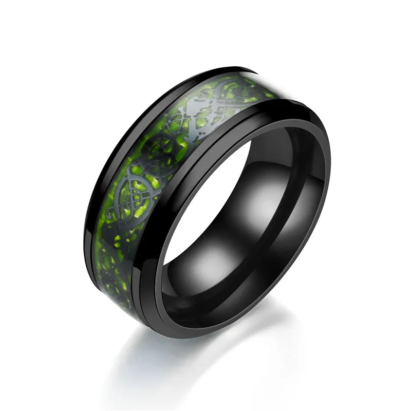 Fashion 8mm Black Stainless Steel Dragon Rings For Men Women Inlaid Blue Carbon Fiber Men Rings Punk Wedding Band Jewelry Gifts