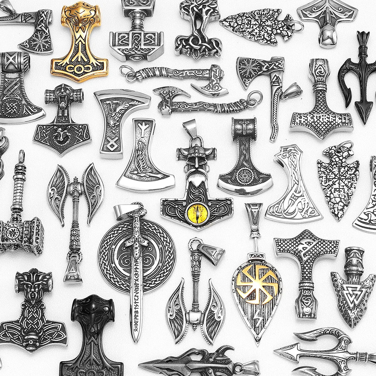 Collar con colgante de acero inoxidable con diseño de armas vikingas para hombre, estilo nórdico, estilo retro rock, punk, rap, para amigos, regalo de joyería masculina.