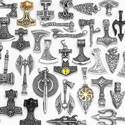 Viking Variety Weapons Men Pendant Necklace Stainless Steel Nordic Myth Chain Retro Rock Punk Rap for Friend Male Jewelry Gift