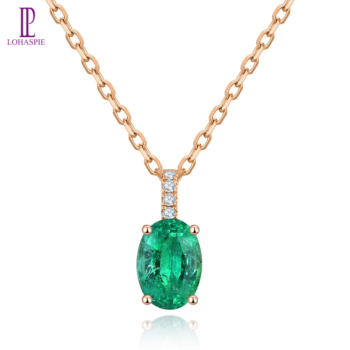 LP Solid 18K Rose Gold Pendant 0.82 Carats Natural Emerald & 0.028 Carats Diamond Necklace Classic Style with Silver Chain