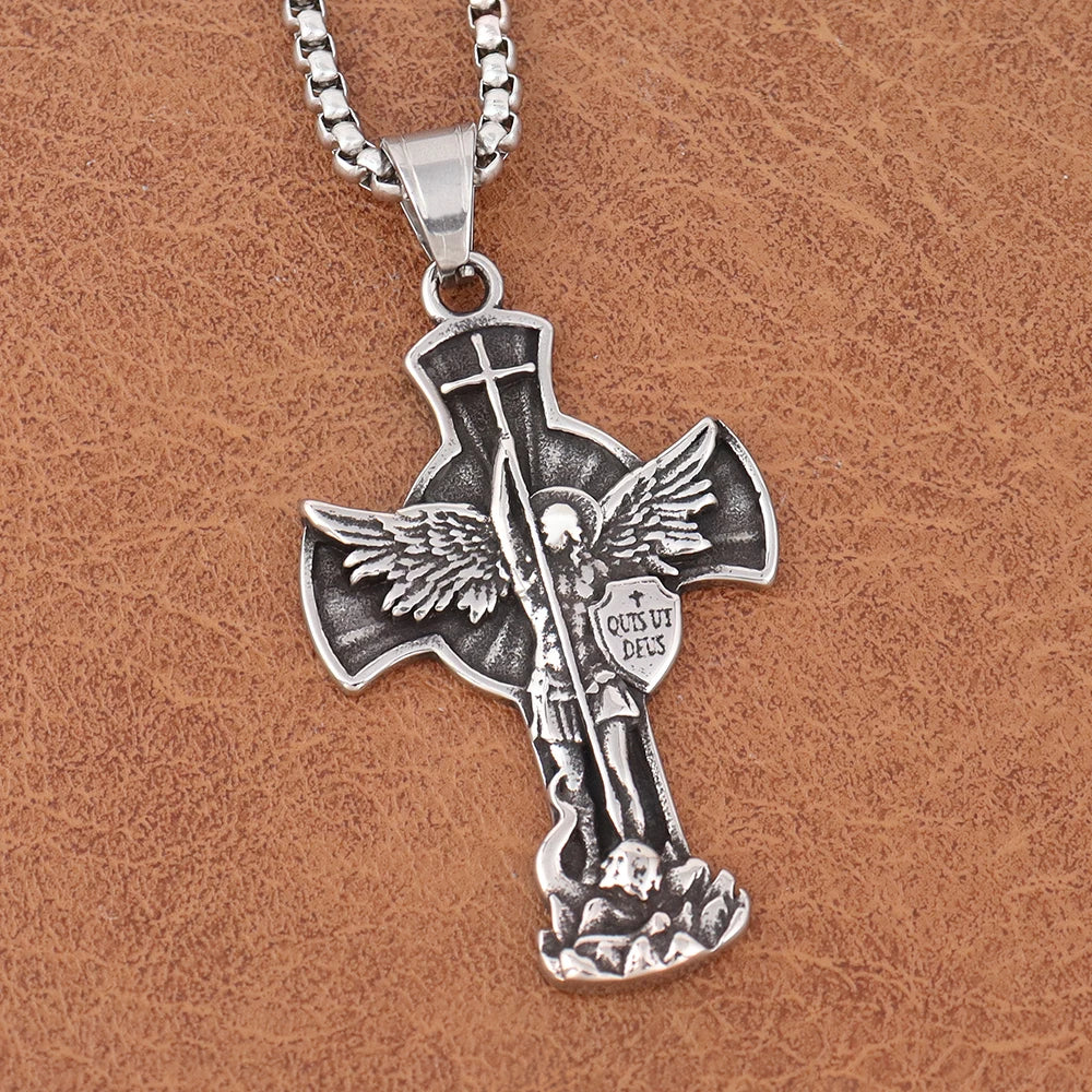 Retro Stainless Steel Saint Michael Pendant Chain Popular Charm Lucky Cross Necklace Amulet Jewelry Wholesale Man or Women Gift