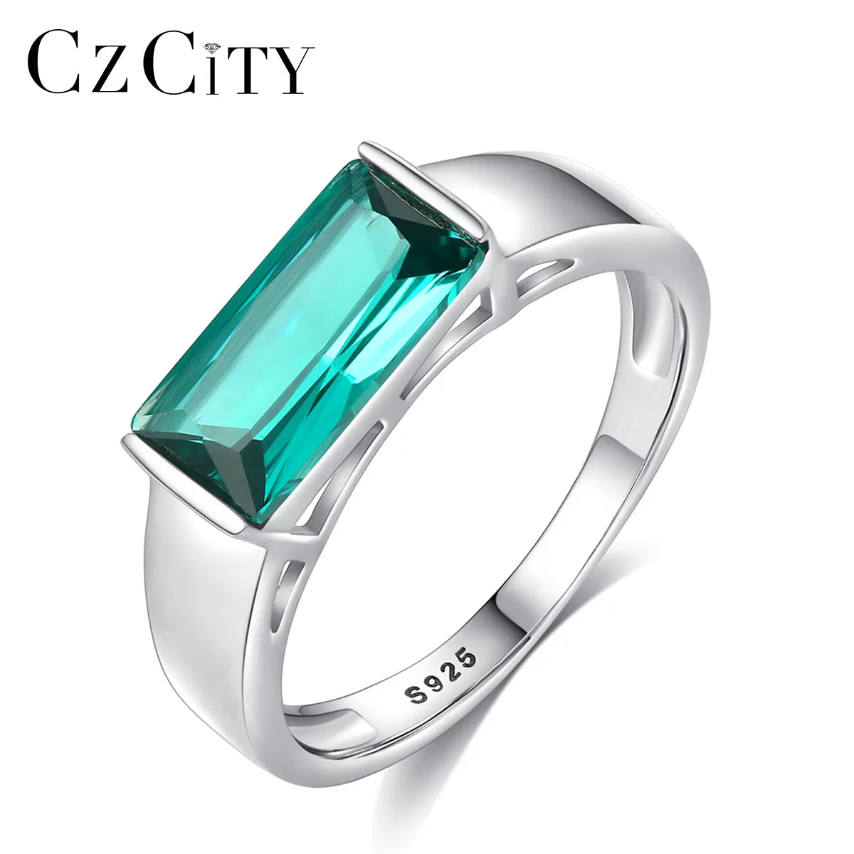 CZCITY 925 Sterling Silver Luxury Green Square Geometric Topaz Rings Trendy Party Wedding Bridal Fashion Jewelry Christmas Gifts