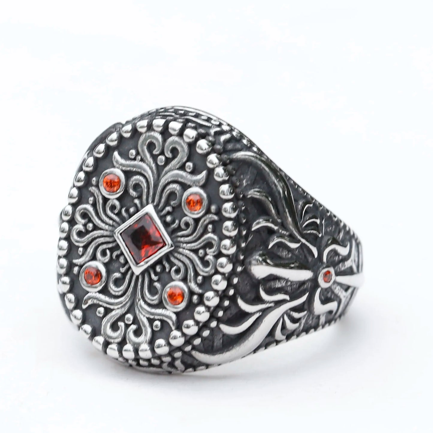 2022 New Unique Design Stainless Steel Turkish Stone Ring Vintage Pattern Men's Ring Retro National Style Jewelry Gift