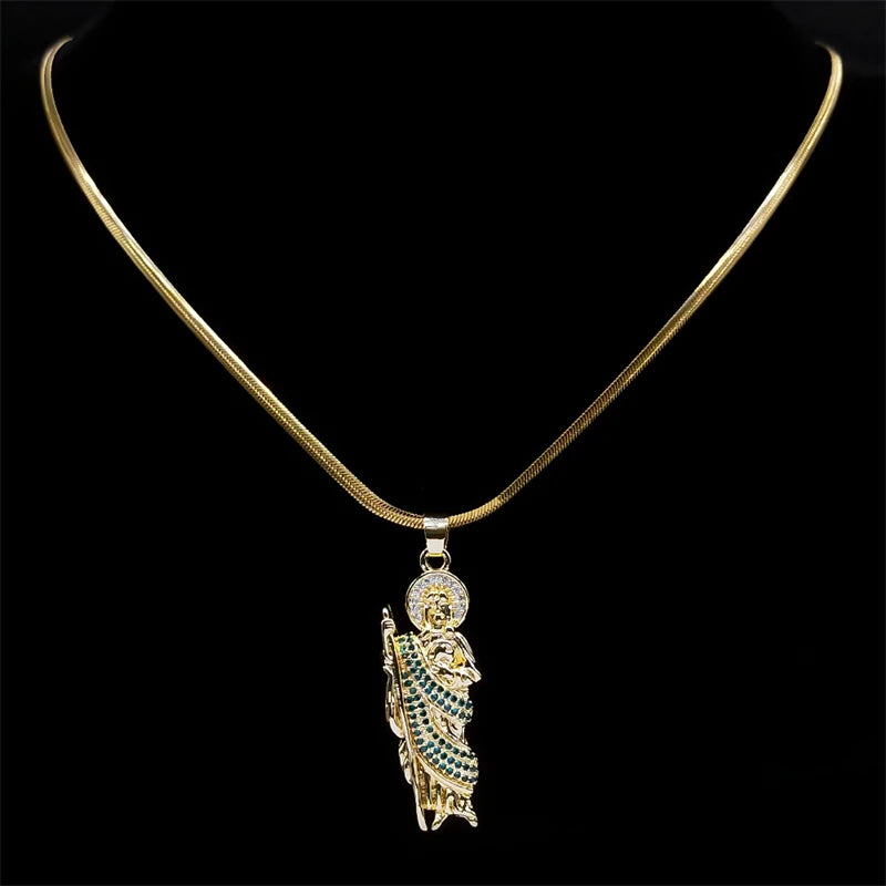 San Judas Tadeo Necklace Zircon Copper Religion Pendant Stainless Steel Snake Chain Saint Jude Thaddeus Necklaces Jewelry NGG43