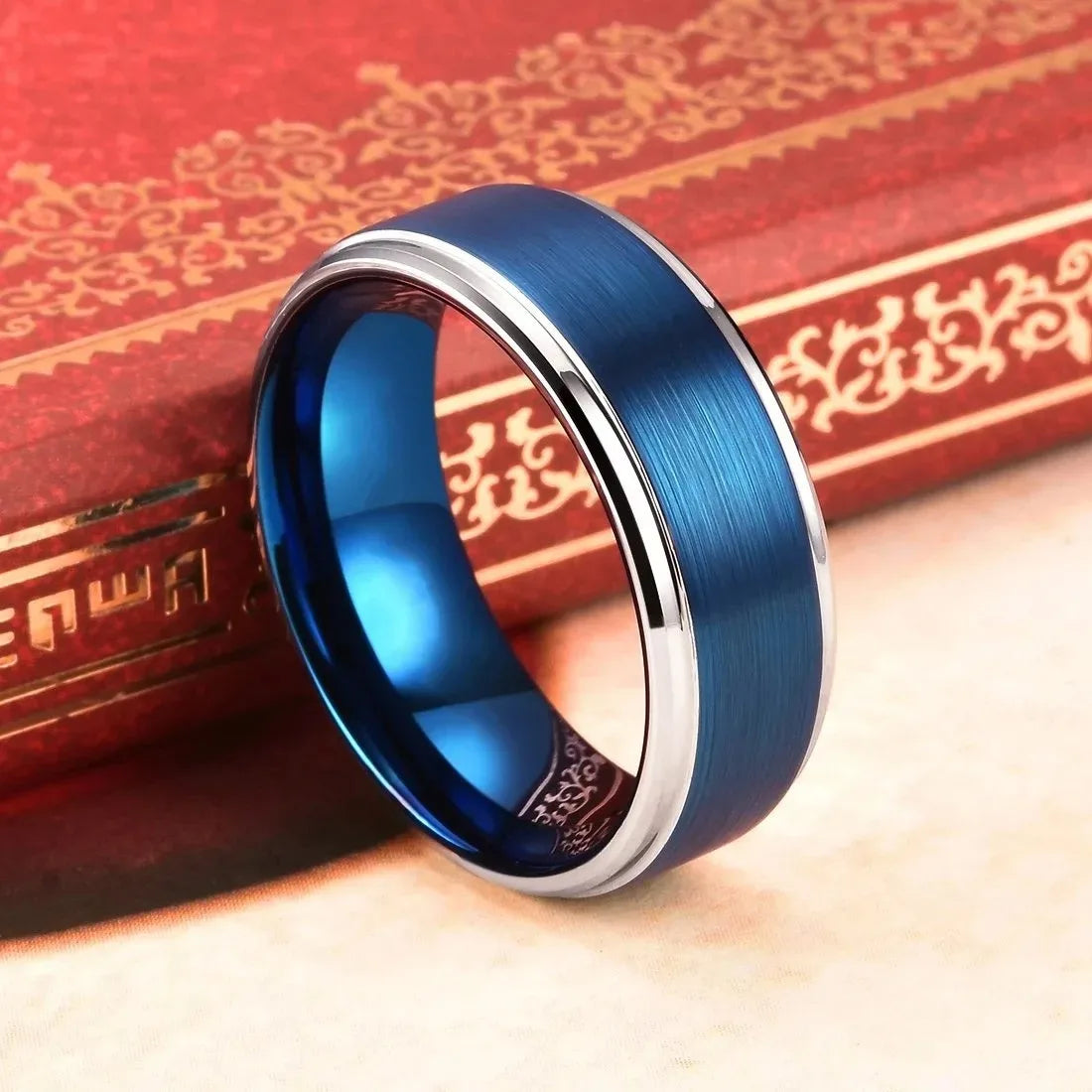 Fashion 8MM Men Stainless Steel Ring Silver Color Step Edge Blue Brushed Engagement Rings For Men Wedding Band Jewelry Wholesale
