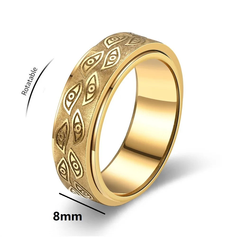 Stainless Steel Spinner Rings For Men Carved Demon Eye Rotatable Fidget Joint Ring Jewelry Bague Homme