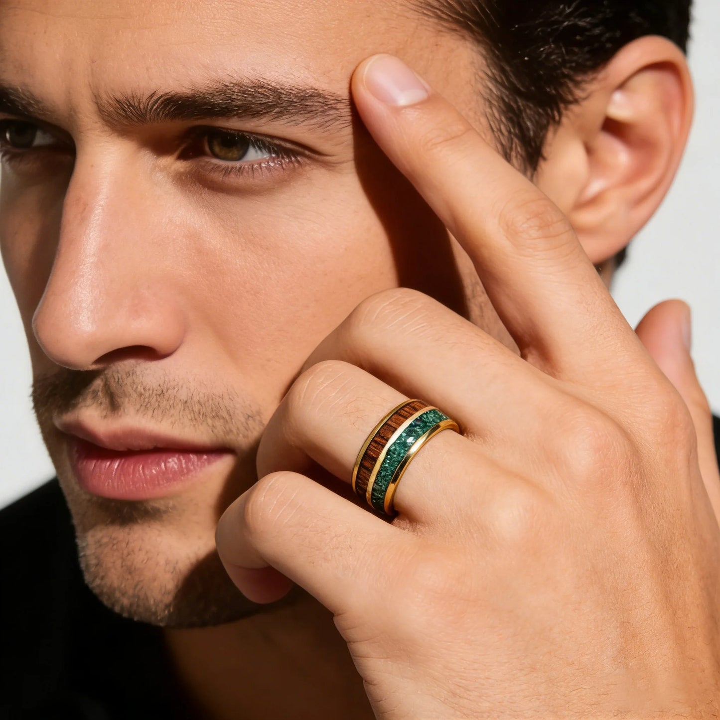 With Malachite and Koa Wood Inlay Fashion 8mm Golden Men Stainless Steel Rings for Men Wedding Band Jewelry Gift Drop Shipping