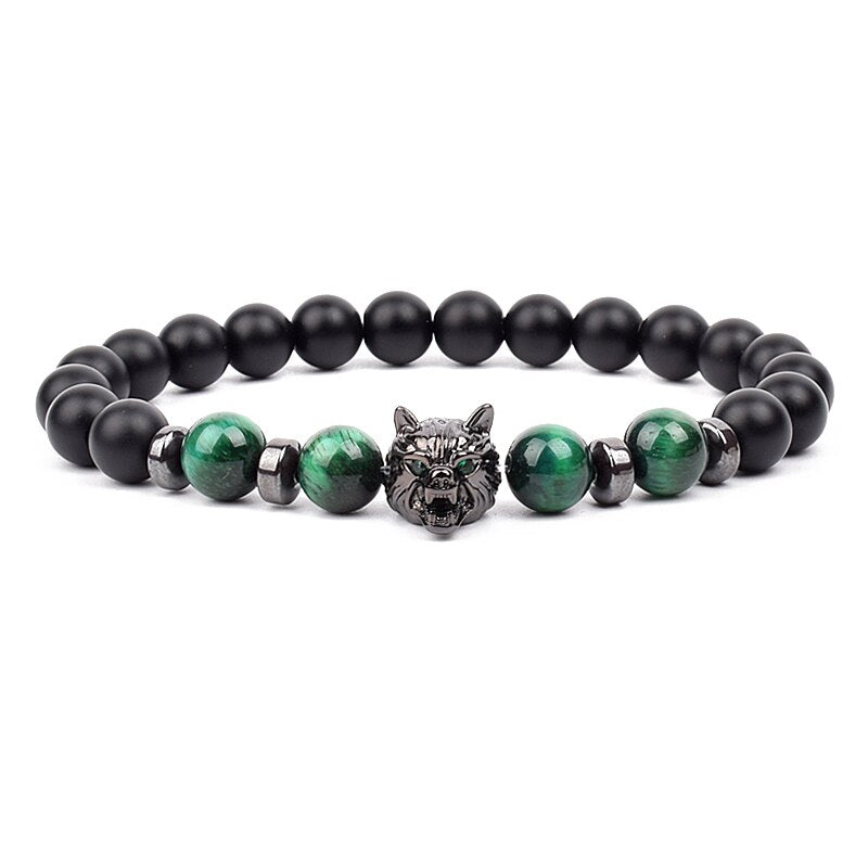 Wolf Charm Bracelets Men Natural Black Agates Onyx Stone Bracelet Brave Blue Tiger Eye Elastic 8 mm Beads Jewelry Beaded Pulsera Green tiger eye 4