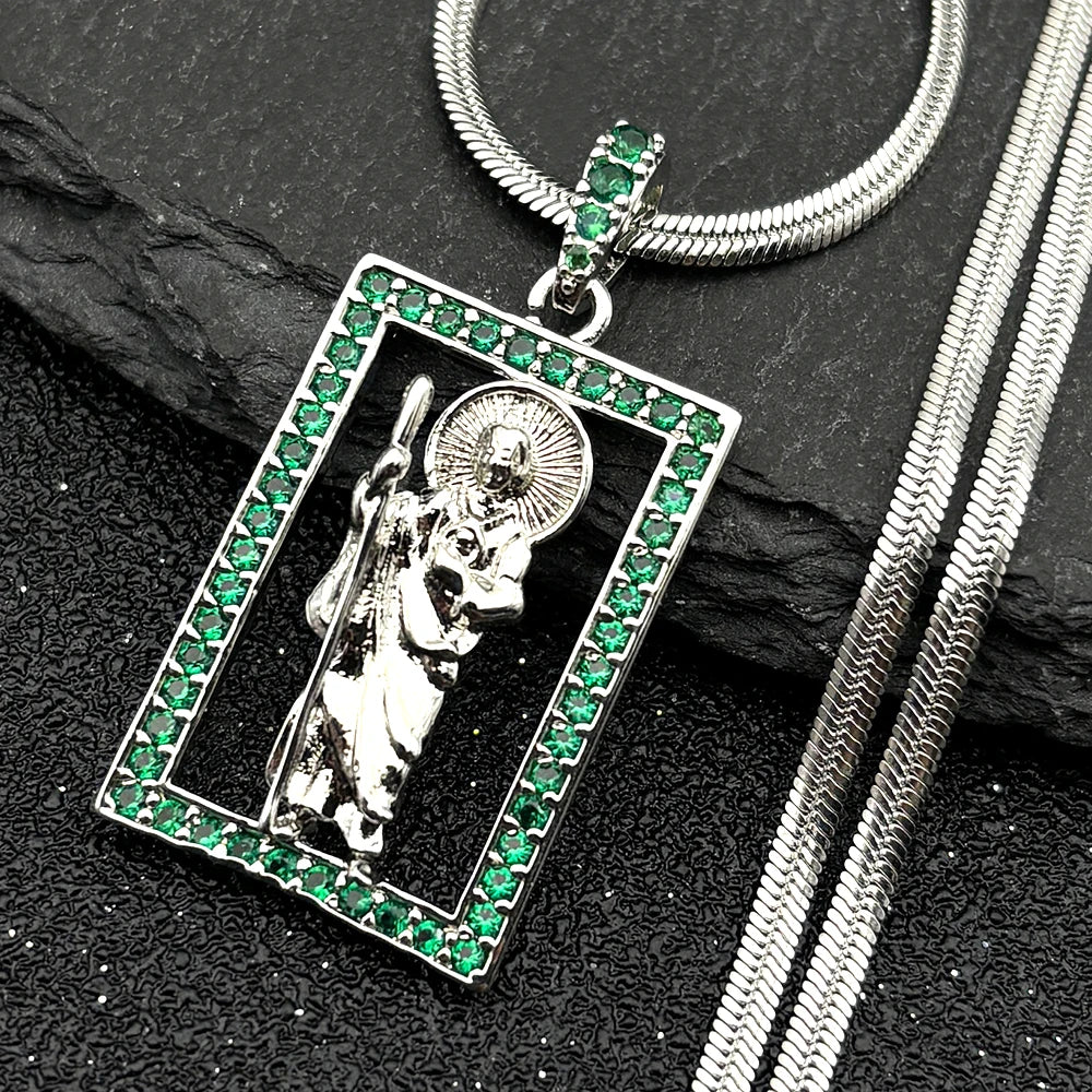 Saint St. Jude Thaddeus Zircon Shiny Necklace for Women Men Stainless Steel Gold Color San Judas Tadeo Necklaces Jewelry NGG43-4