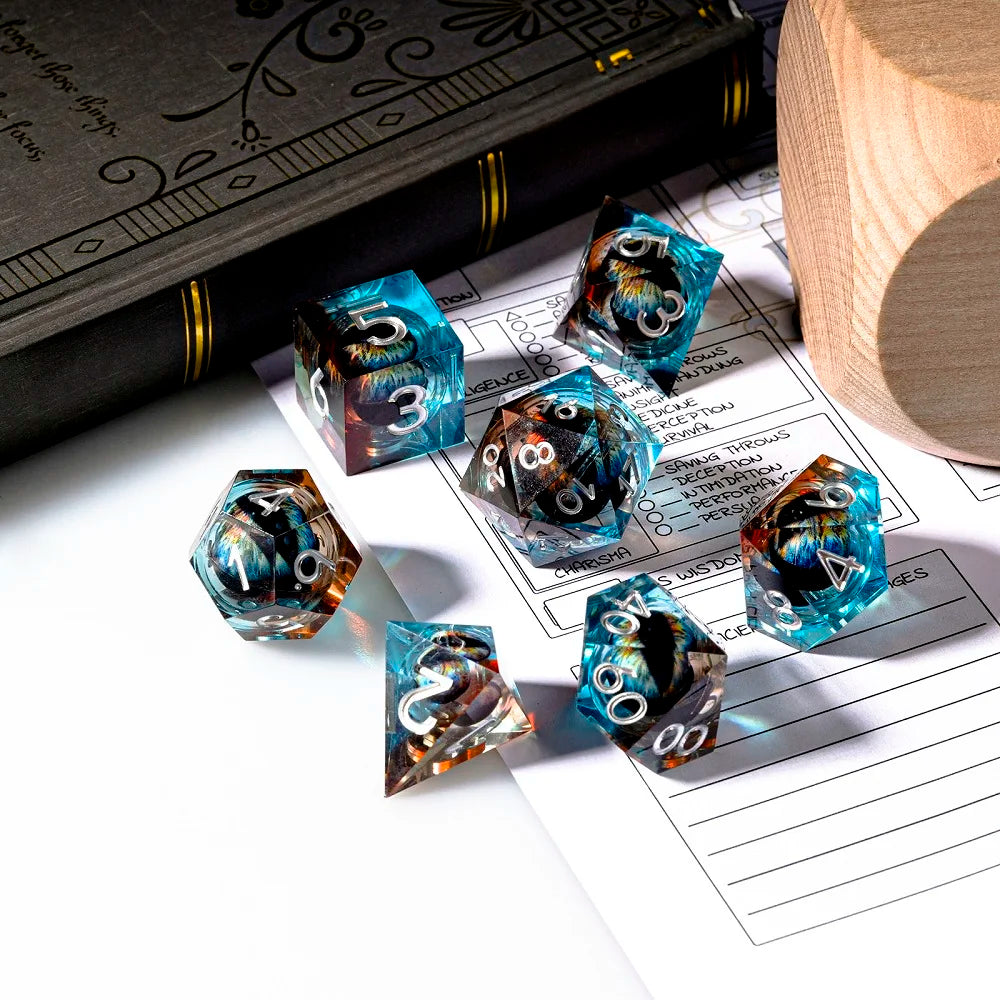 1-7pcs Dargon Eye DND Dice Set Cat Eye Liquid Core Milk Cat Sharp Edge Handmade Polyhedral Resin Dice for Multi-Sided RPG D6~D20 7pcs Blue Brown