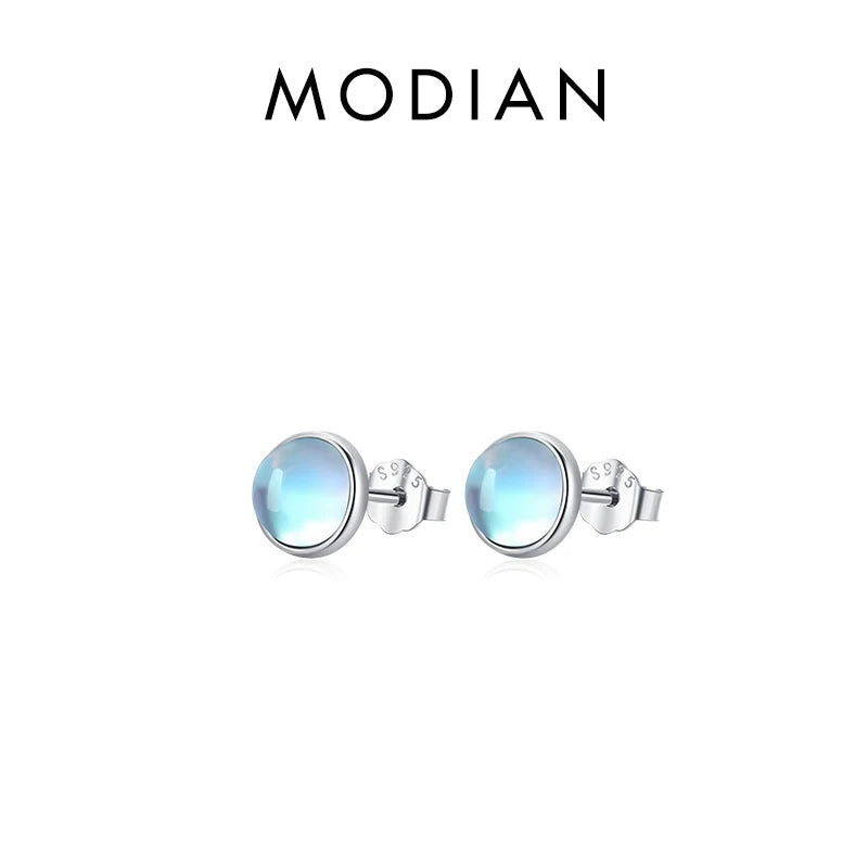 Modian 925 Sterling Silver Round Exquisite Moonstone 4 5 6 MM Stud Earrings Platinum Plated Charm Ear Studs For Women Jewelry 4MM