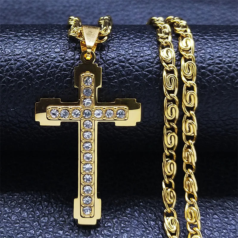 Catholic Jesus Cross Stainless Steel Necklace Saint Benedict Crystal Virgin Mary Pendant Crucifix Male Necklaces Jewelry Cruz
