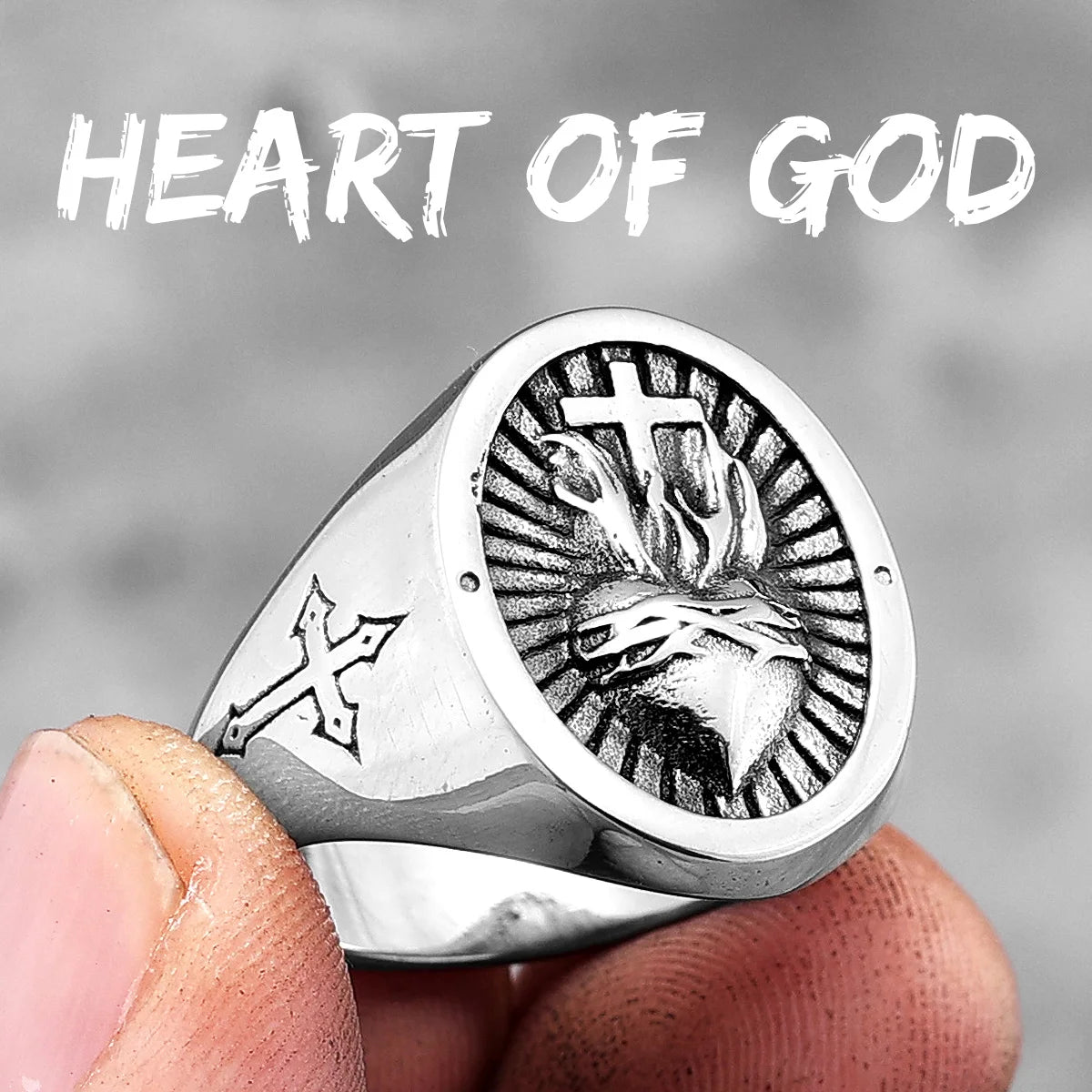 Heart of God Religious Cross Stainless Steel Mens Rings Punk Amulet for Male Boyfriend Biker Jewelry Creativity Gift Wholesale R770-Heart Of God