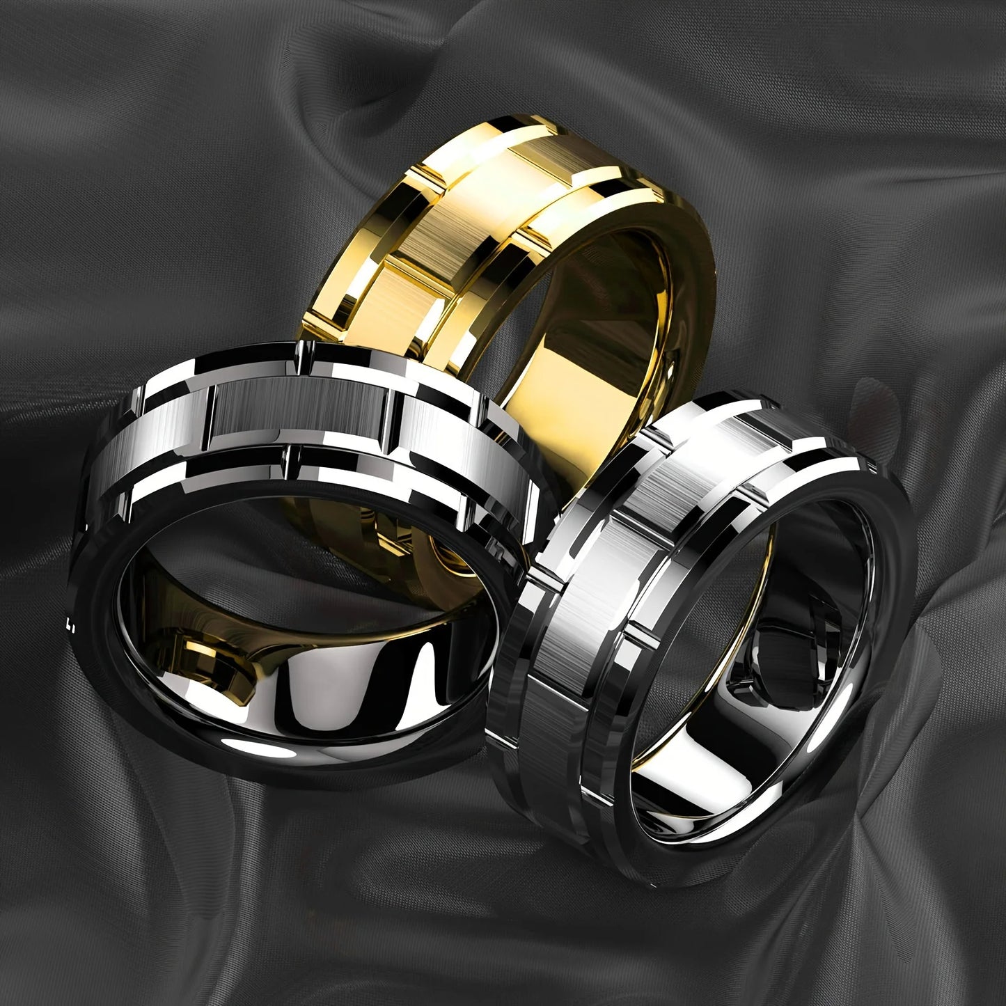 Fashion 8mm Brick Pattern Stainless Steel Rings For Men Black Brushed Double Groove Men Engagement Rings Wedding Band Jewelry