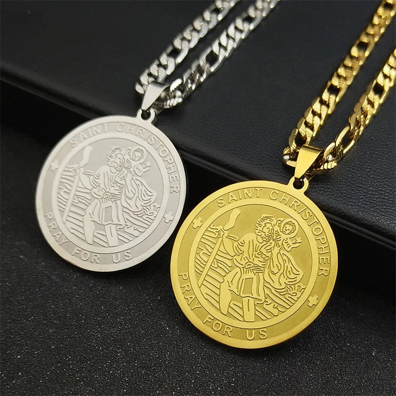 Jesus Saint Christopher Protect Us Pendant Necklace For Women Men Stainless Steel Gold Color Round Party Christian Jewelry
