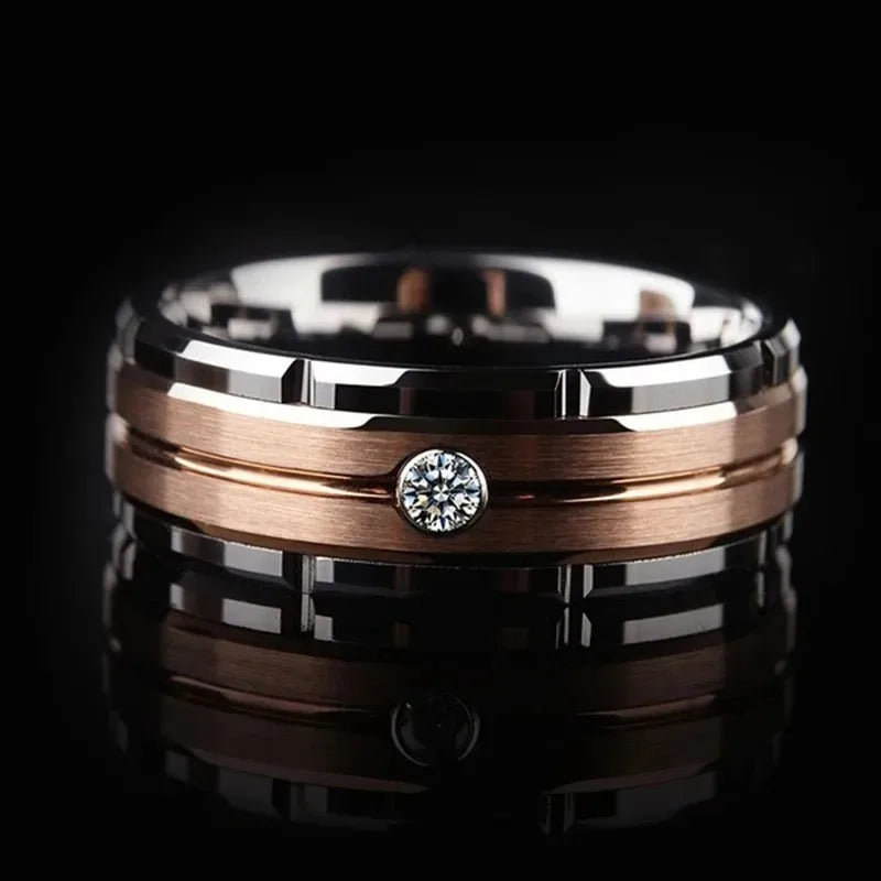 Fashion 8mm Black Brushed Men Stainless Steel Ring Double Groove Beveled Zircon Stone Rings For Men Trendy Wedding Band Jewelry