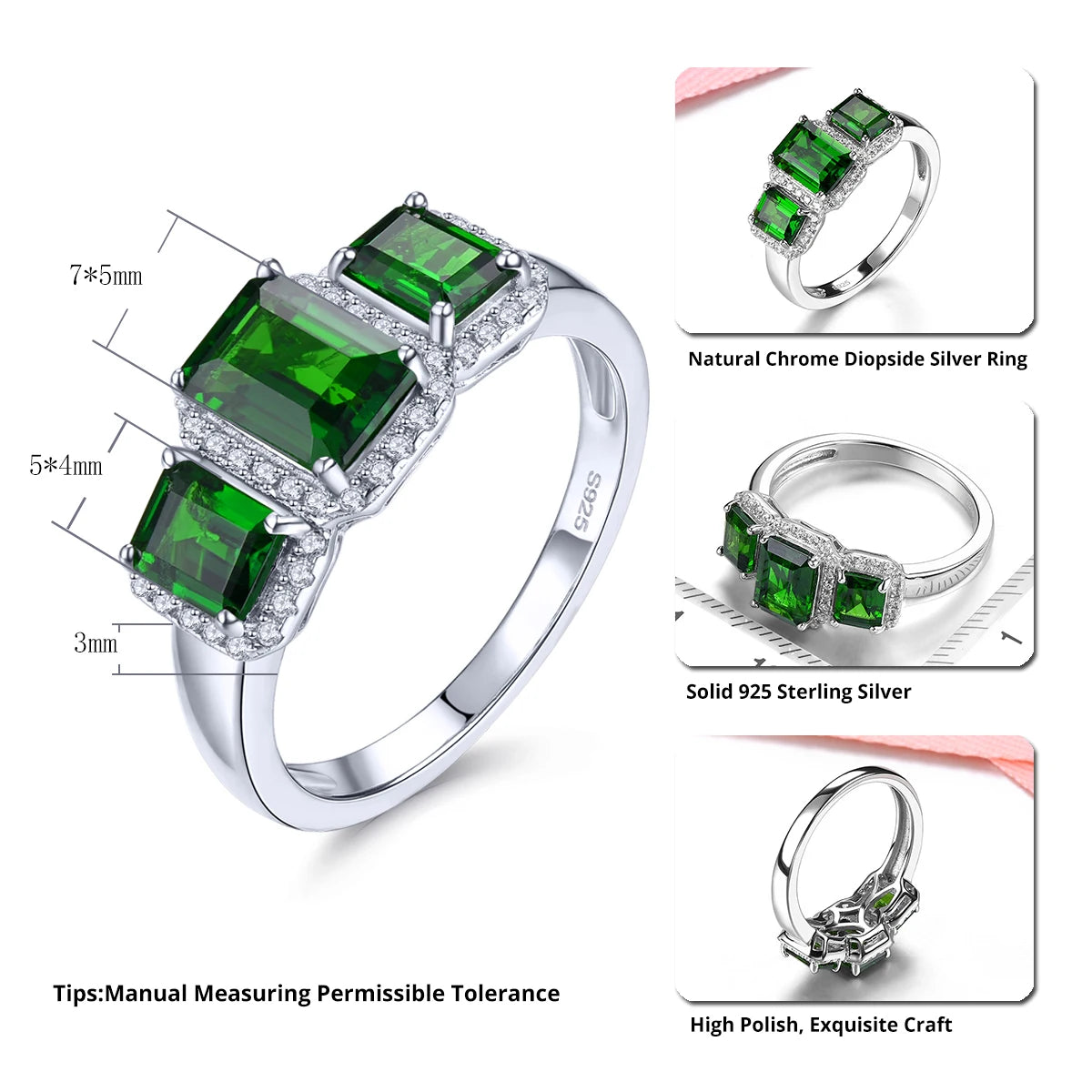 Natural Chrome Diopside Sterling Silver Rings 1.8 Carats Genuine Gemstone Fine Jewelrys Women New Year Anniversary Gifts