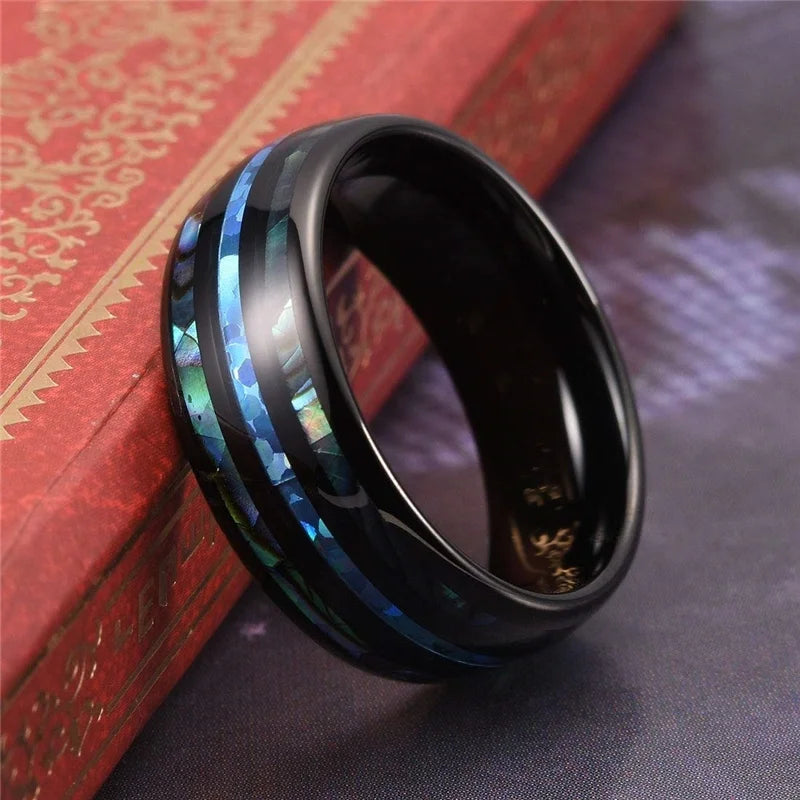 Fashion 8MM Rose Gold Color Stainless Steel Rings For Men Women Colorful Abalone Shell  Inlaid Men Rings Wedding Party Jewelry