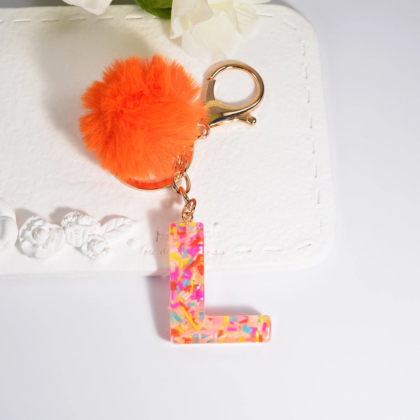 New Orange Stripe Filled Initial Letter Keychain With Orange Pom-Pom Women Girls Sweet Bag Purse Charm A-Z 26 Letters Pendant SKC-Y05-L CHINA