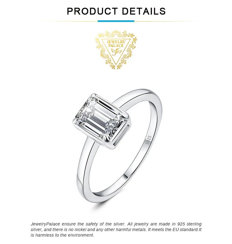 JewelryPalace Moissanite D Color 1ct Emerald Cut 925 Sterling Silver Solitaire Wedding Ring for Woman Yellow Rose Gold Plated