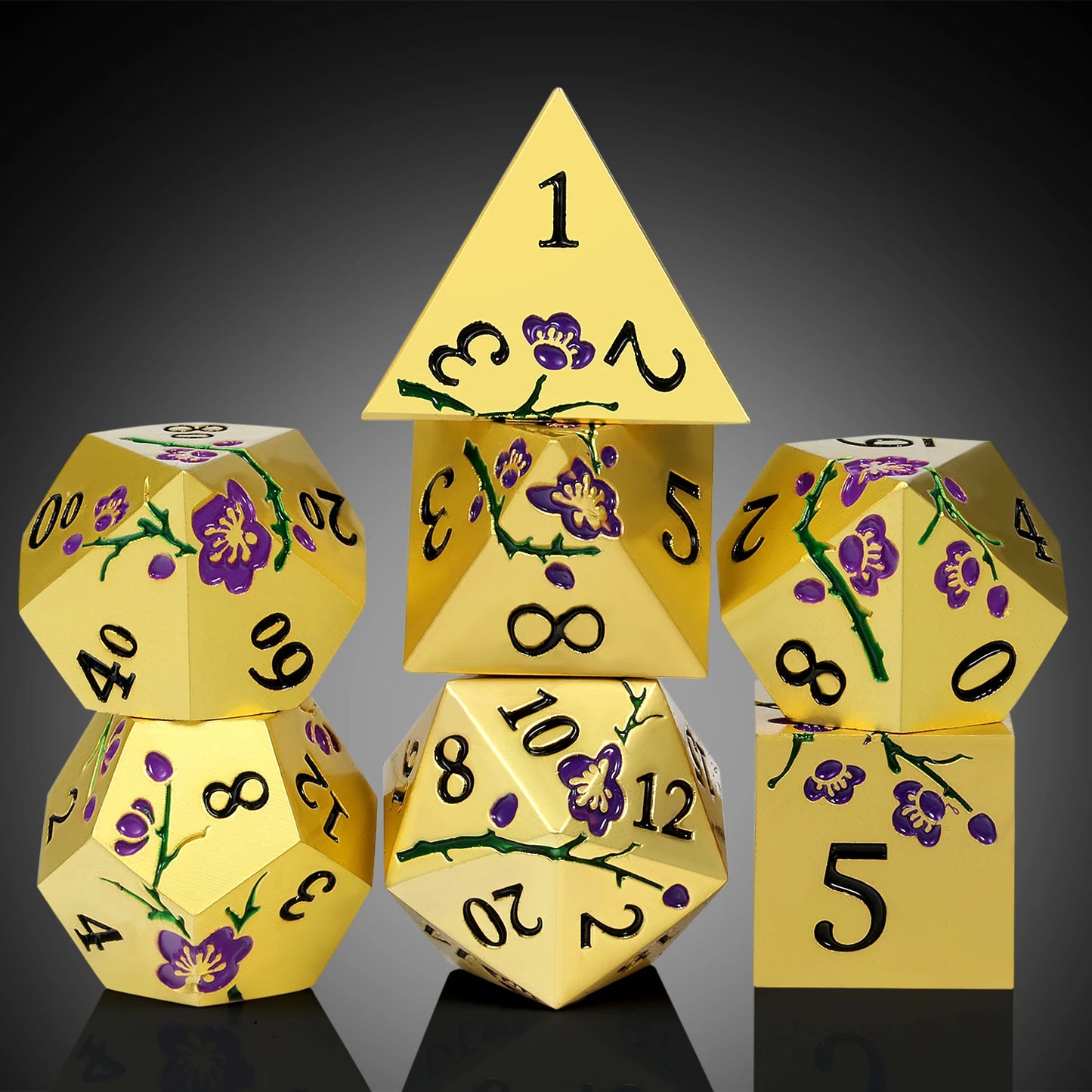 Metal Dice Set D&D, DNDND 7 PCS Flower Metallic DND Dice Set with Grogeous Gift Case for Dungeons and Dragon Tabletop Game Golden purple flower