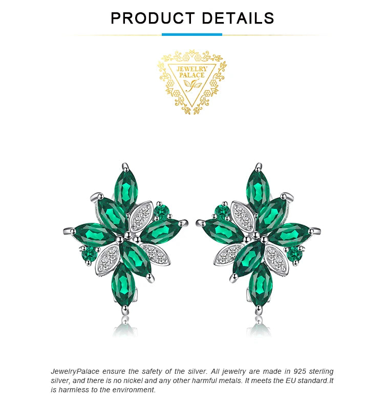 JewelryPalace Flower 2.4ct Green Simulated Nano Emerald 925 Sterling Silver Dangle Clip Earrings for Women Gemstone Jewelry