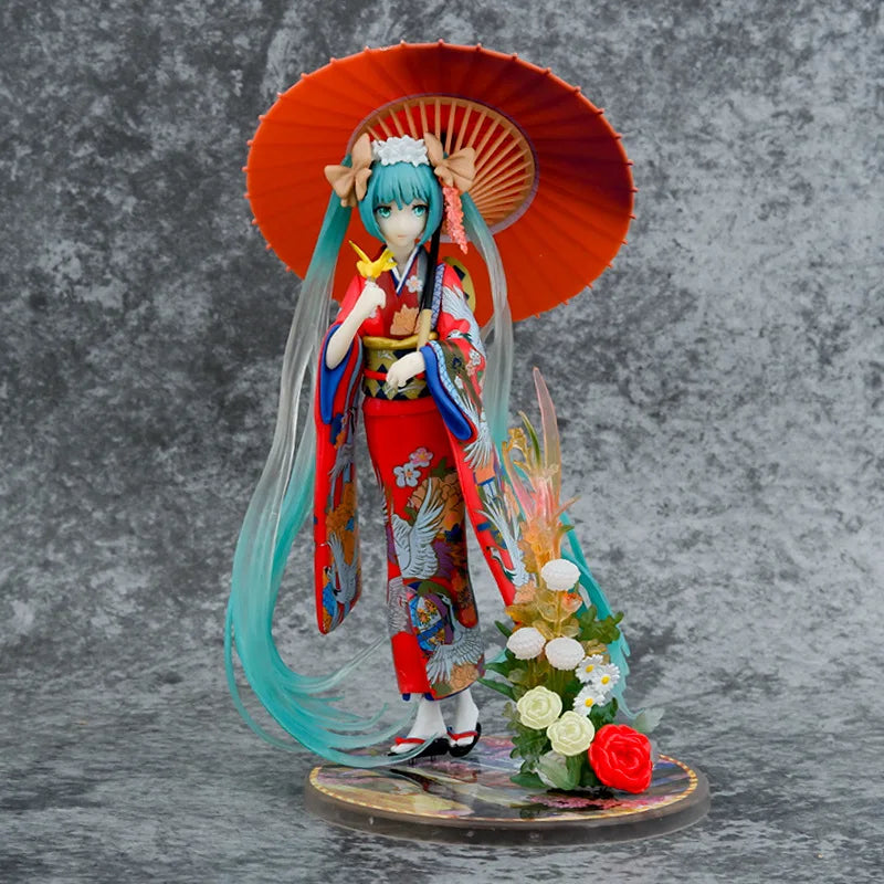 Boxed 22CM New Anime Hatsune Miku kimono Umbrella Beautiful girl series PVC Action figure Model toys doll Ornaments fans gifts