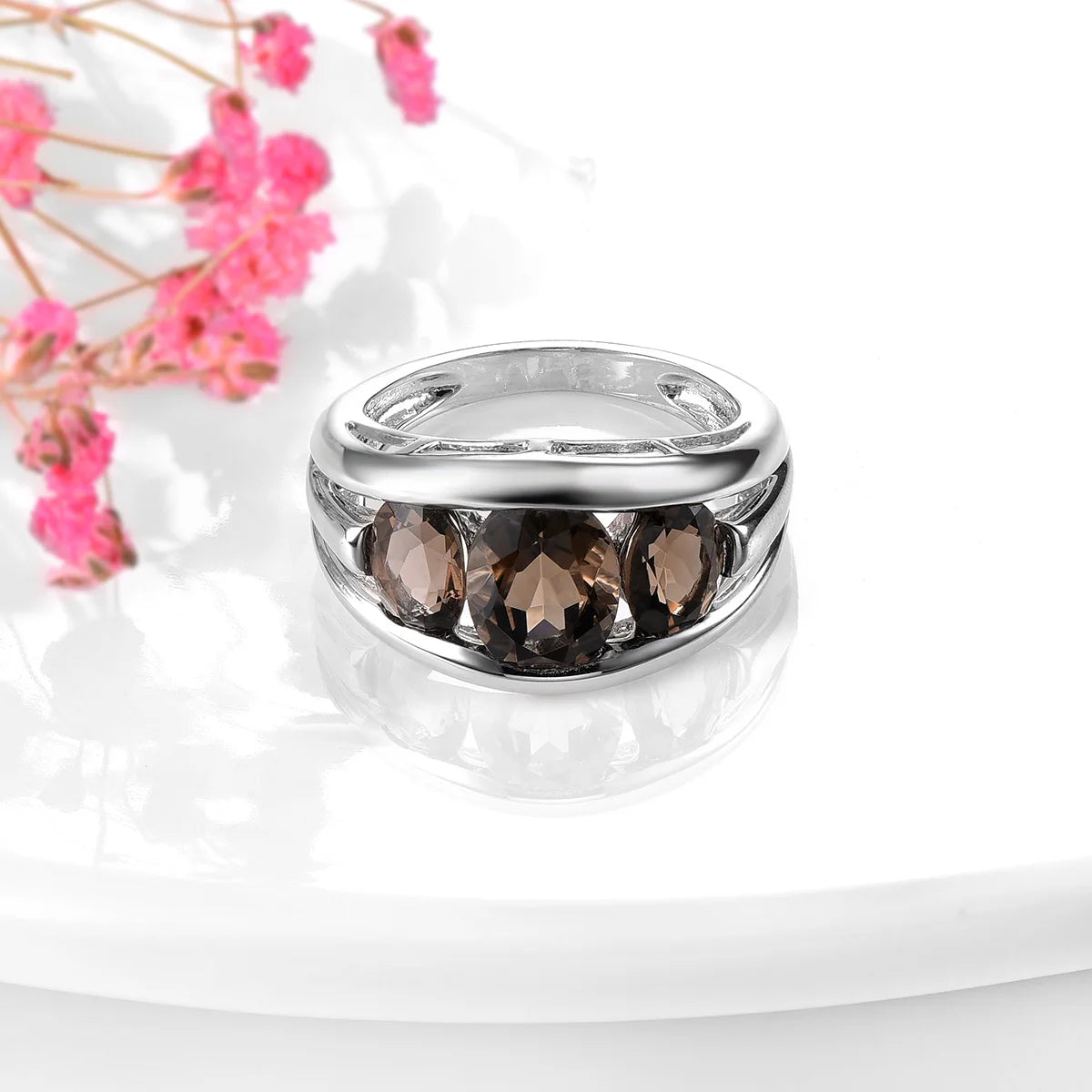 Natural Smoky Quarts Sterling Silver Rings 3 Carats Genuine Gemstone Brown Color Classic Style Women S925 Jewelrys Birthday