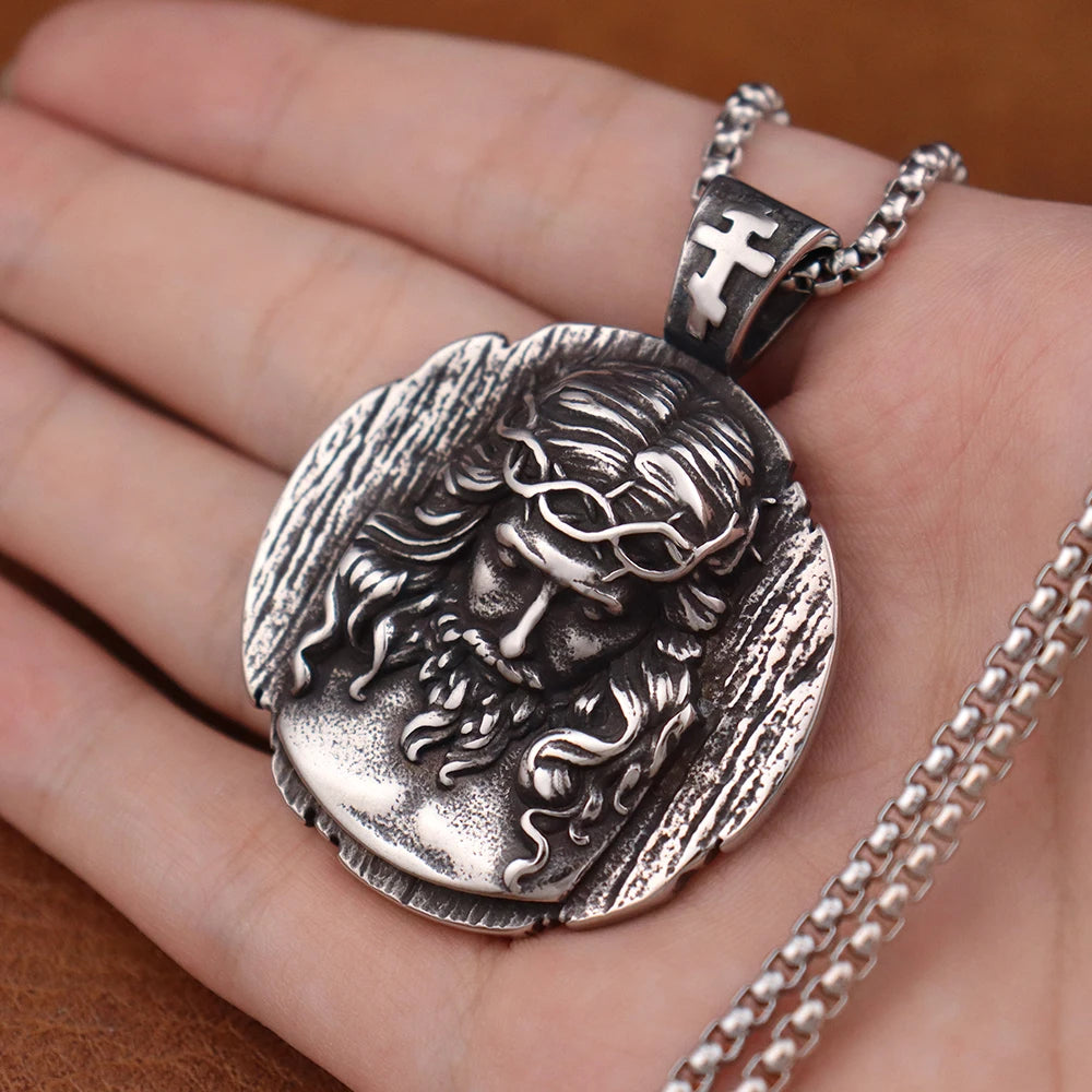 Unique Christian Shepherd Jesus Pendant for Men Stainless Steel Catholic Crown of Thorns Necklaces Amulet Jewelry Never Fading