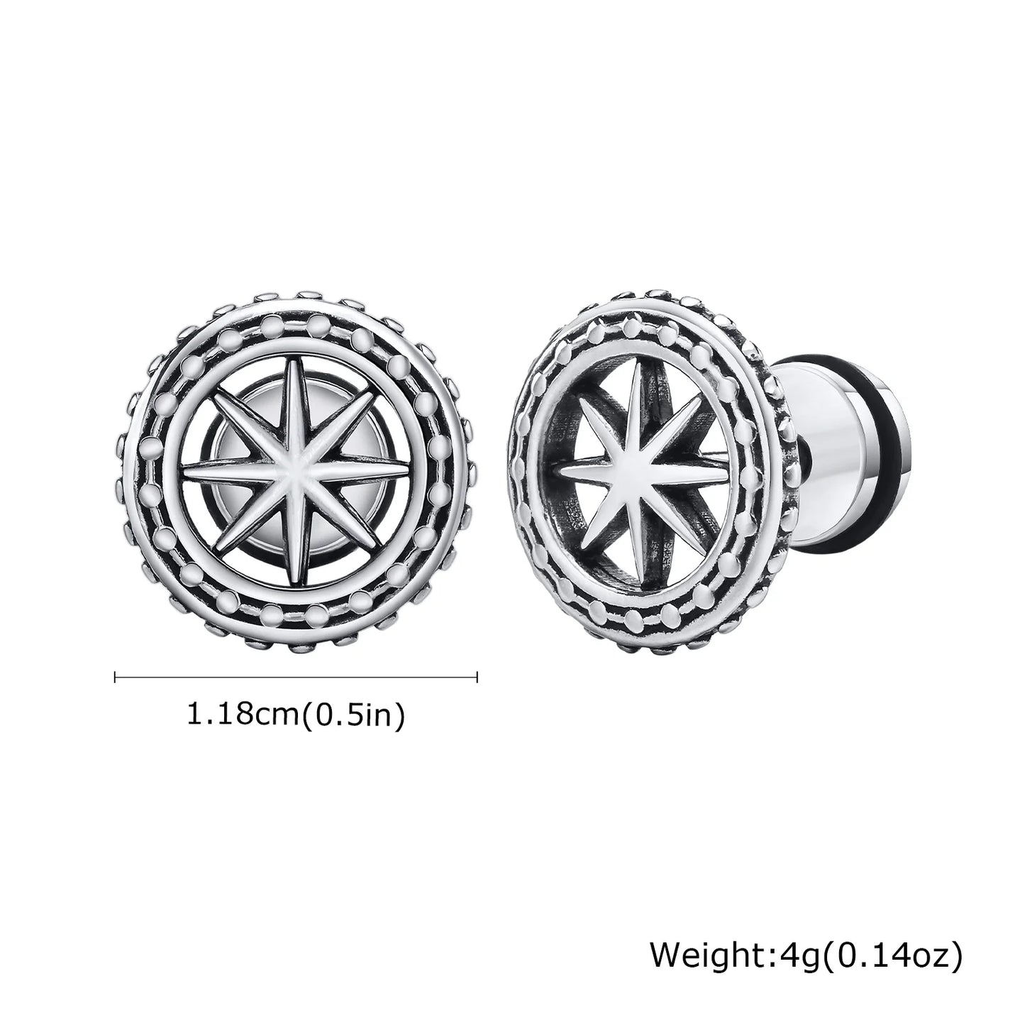 Vintage Men's Compass Stud Earrings,Stainless Steel Eight-pointed Star Round Metal Stud Earrings,Trendy Classic Jewelry Gifts