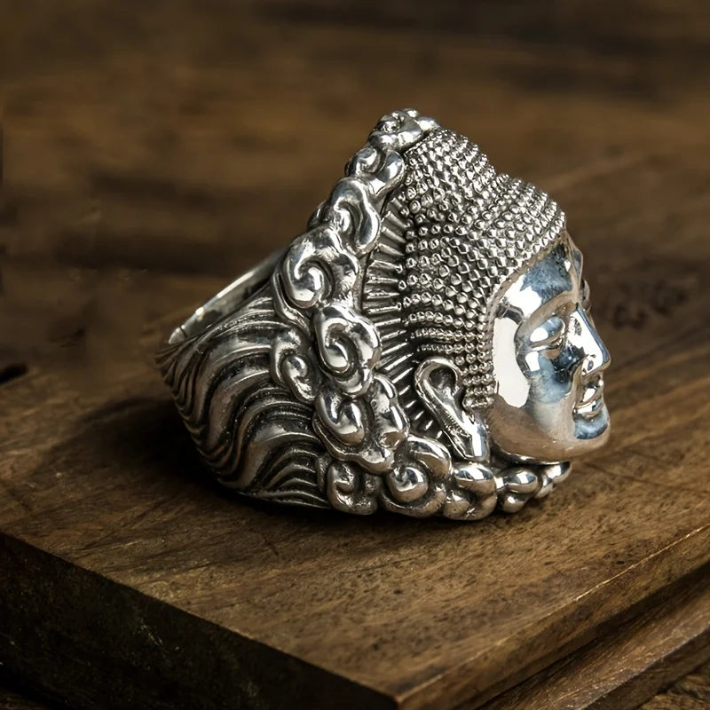 1pc silver Buddha's head alloy ring, fashion trend, handsome personality, adjustable size of fashion accessories, suitable for d